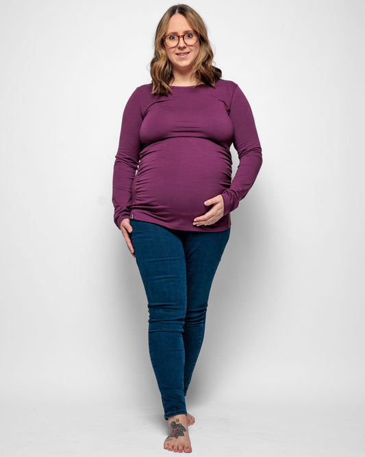 Maternity Long Sleeve Top in Plum Purple Organic Cotton for pregnancy