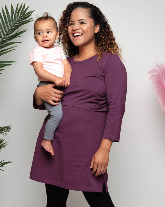 Nursing and Maternity Dress in Plum Recycled Cotton