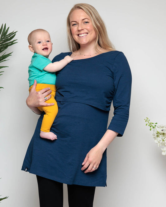 Nursing and Maternity Dress in Navy Recycled Cotton